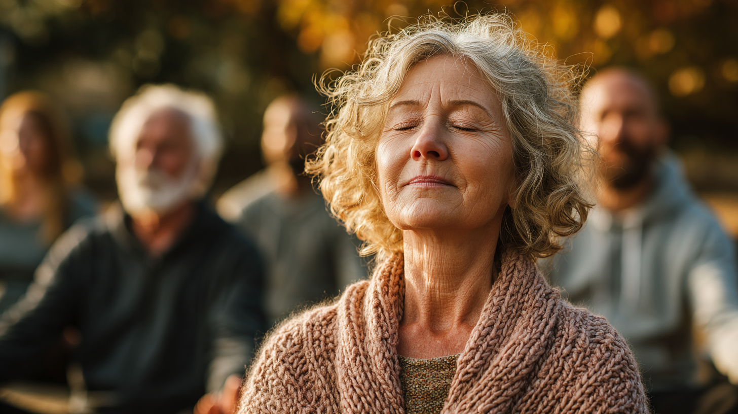 Възрастна жена практикуваща йога в градина
